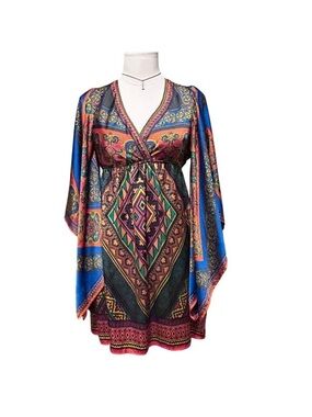 Flying Tomato Flair Long Sleeve Boho Dress-Mini Paisley-Size Small-V Neck Sz S